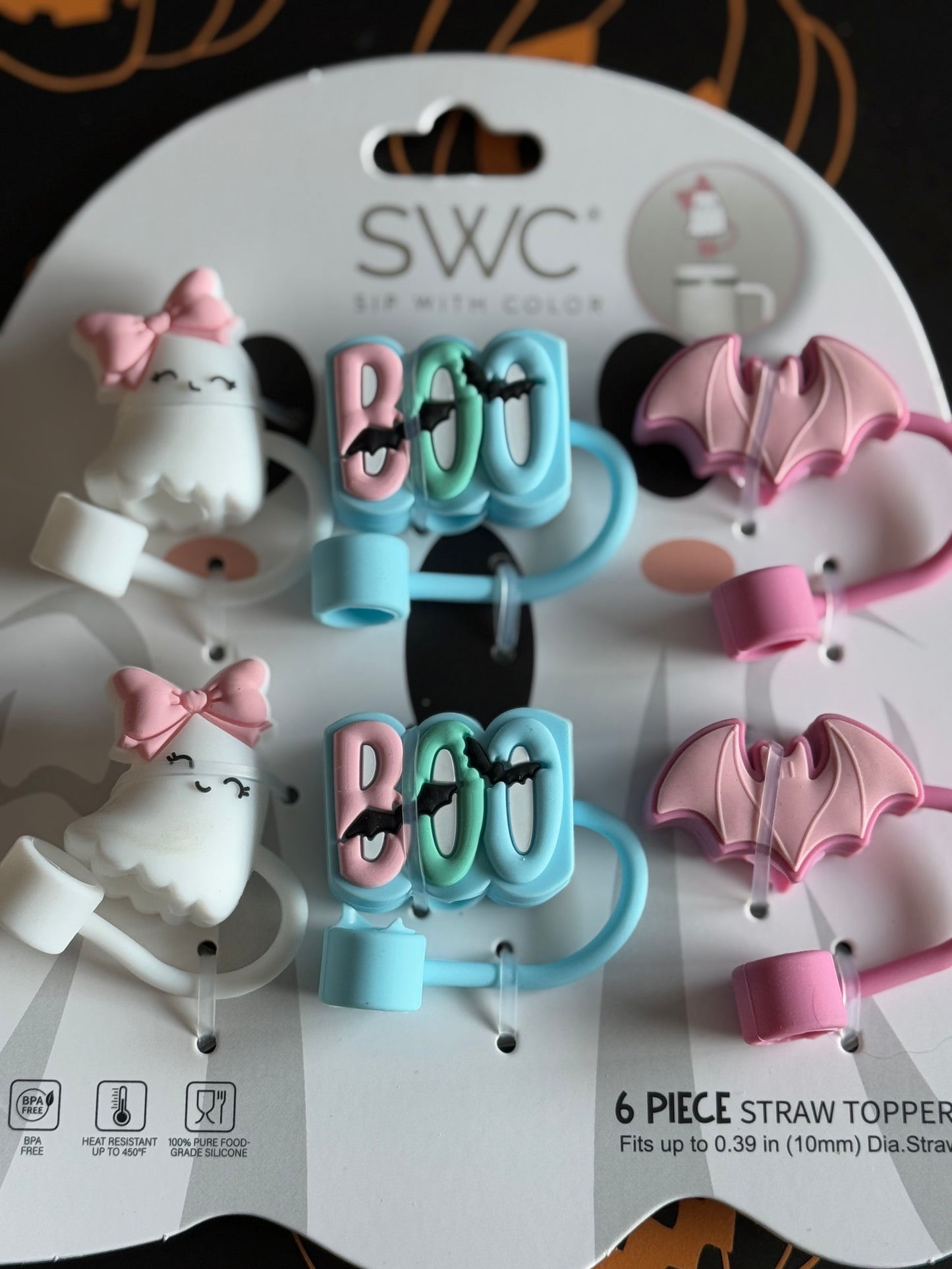Halloween Pastel Straw Toppers- Ghost, "BOO", Bat